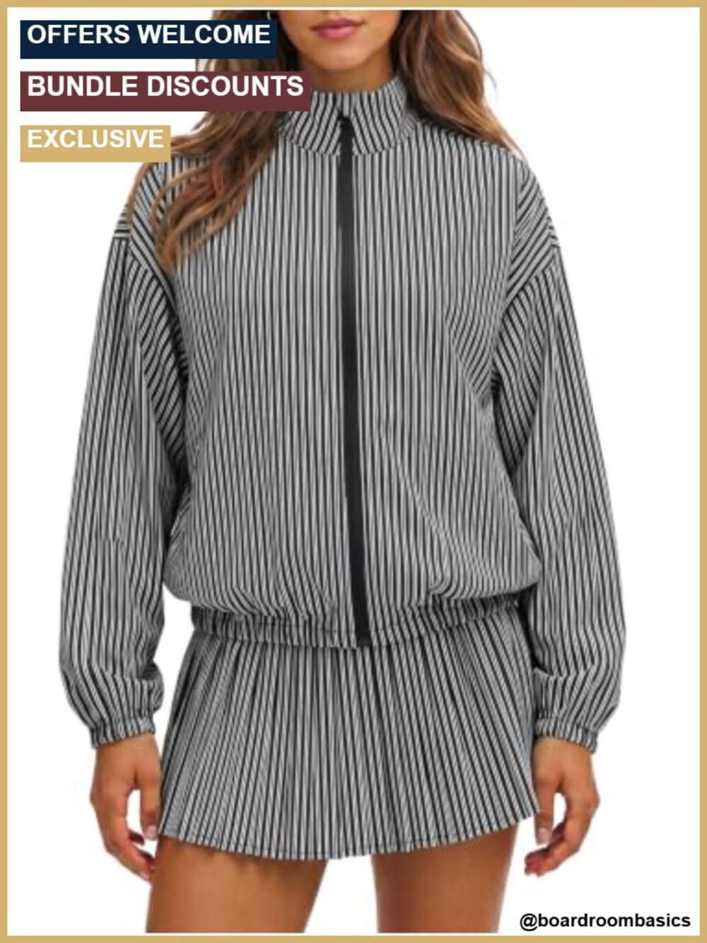 Womens Striped 2 Piece Outfit Zip Up Tennis Jacket Pleated Skirt Set